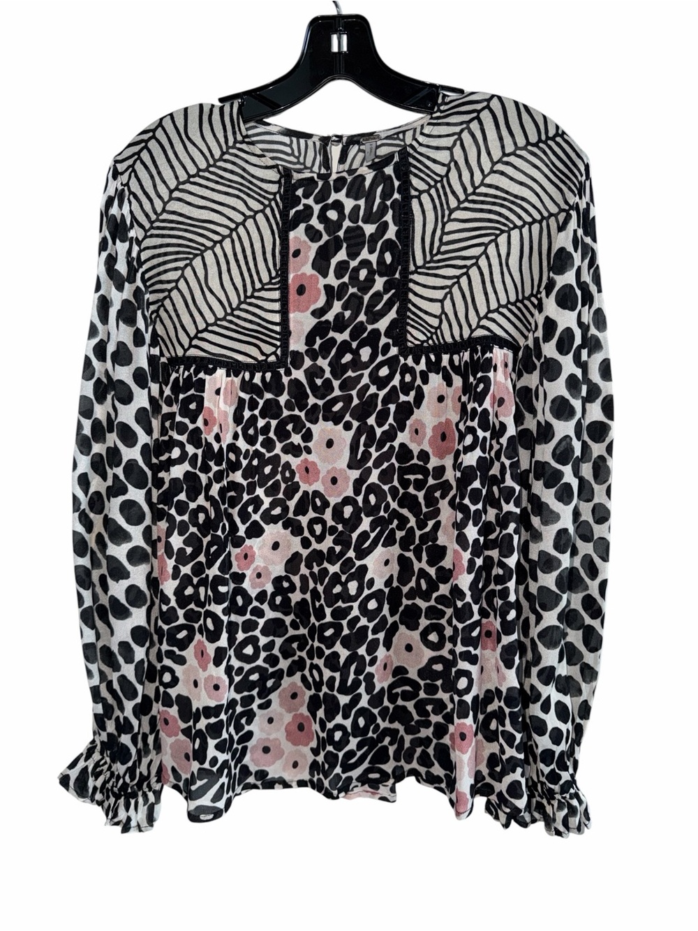 ANTHROPOLOGIE BL-NK Joelle Mix Leopard Print Peasant Ballon Sleeve Top Sz XS